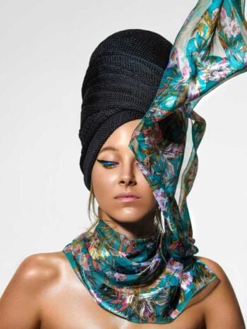 Schaeffer Studios New York Beauty Photographer Featuring Elizabeth Siemczyk for L'Officiel - Teal Scarf