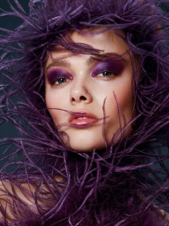 Schaeffer Studios NYC Beauty Photographer Featuring Puck Loomans for Elle Beauty Purple Feathers