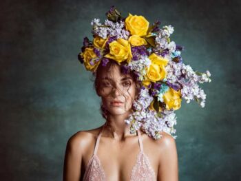 Schaeffer Studios Beauty Photographer for Nylon Featuring Julie Pallesen Yellow and Purple Flower Headdress