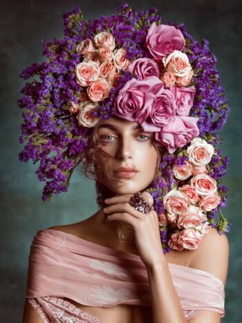 Schaeffer Studios Beauty Photographer for Nylon Featuring Julie Pallesena Pink and Purple Flower Headdress