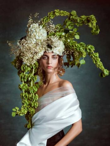 Schaeffer Studios Beauty Photographer for Nylon Featuring Julie Pallesen Green and White Flower Headdress